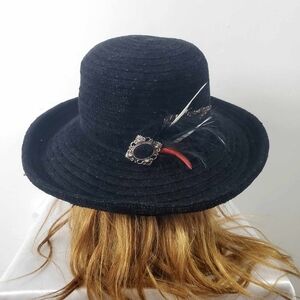 Vintage Black Wool Hat Feather & Brooch Detail Gothic Victorian Style